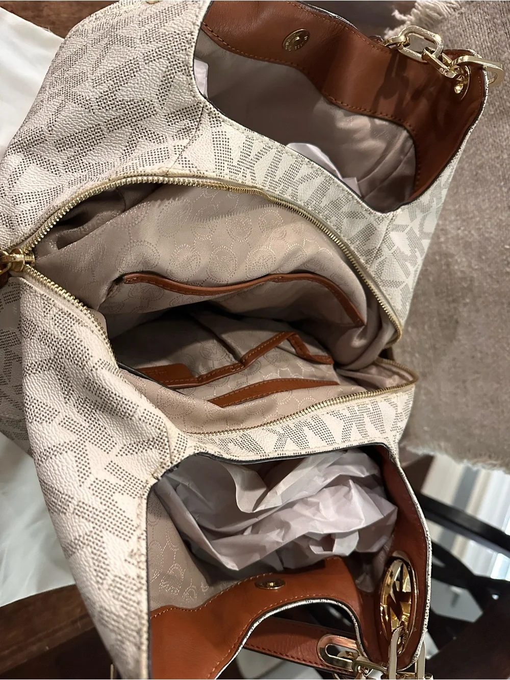 Michael Kors Cream MK Monogram Tote with Brown Trim